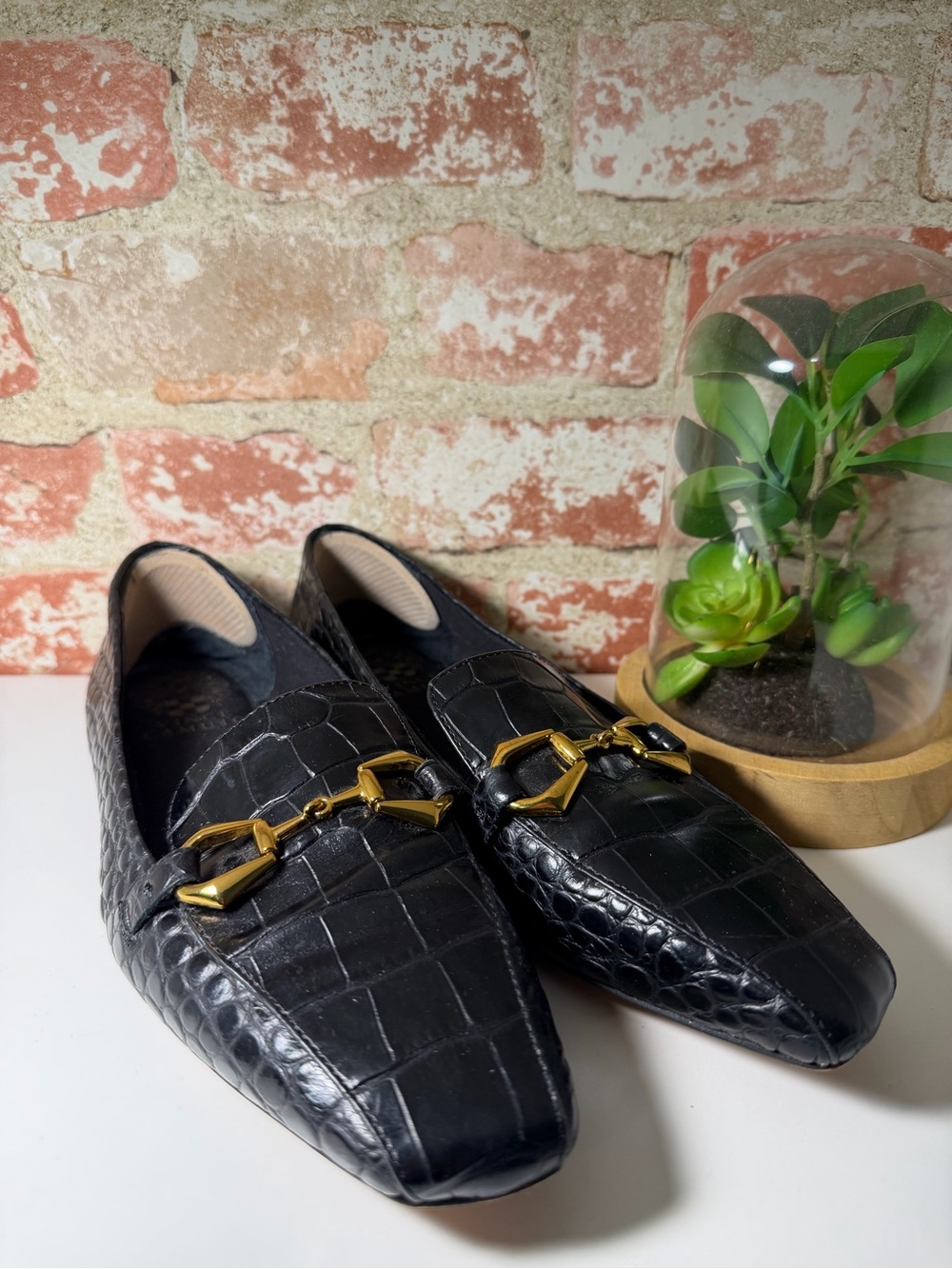 Vince Camuto Black Croc-Embossed Leather Slip-On Loafers with Gold Bit Detail
